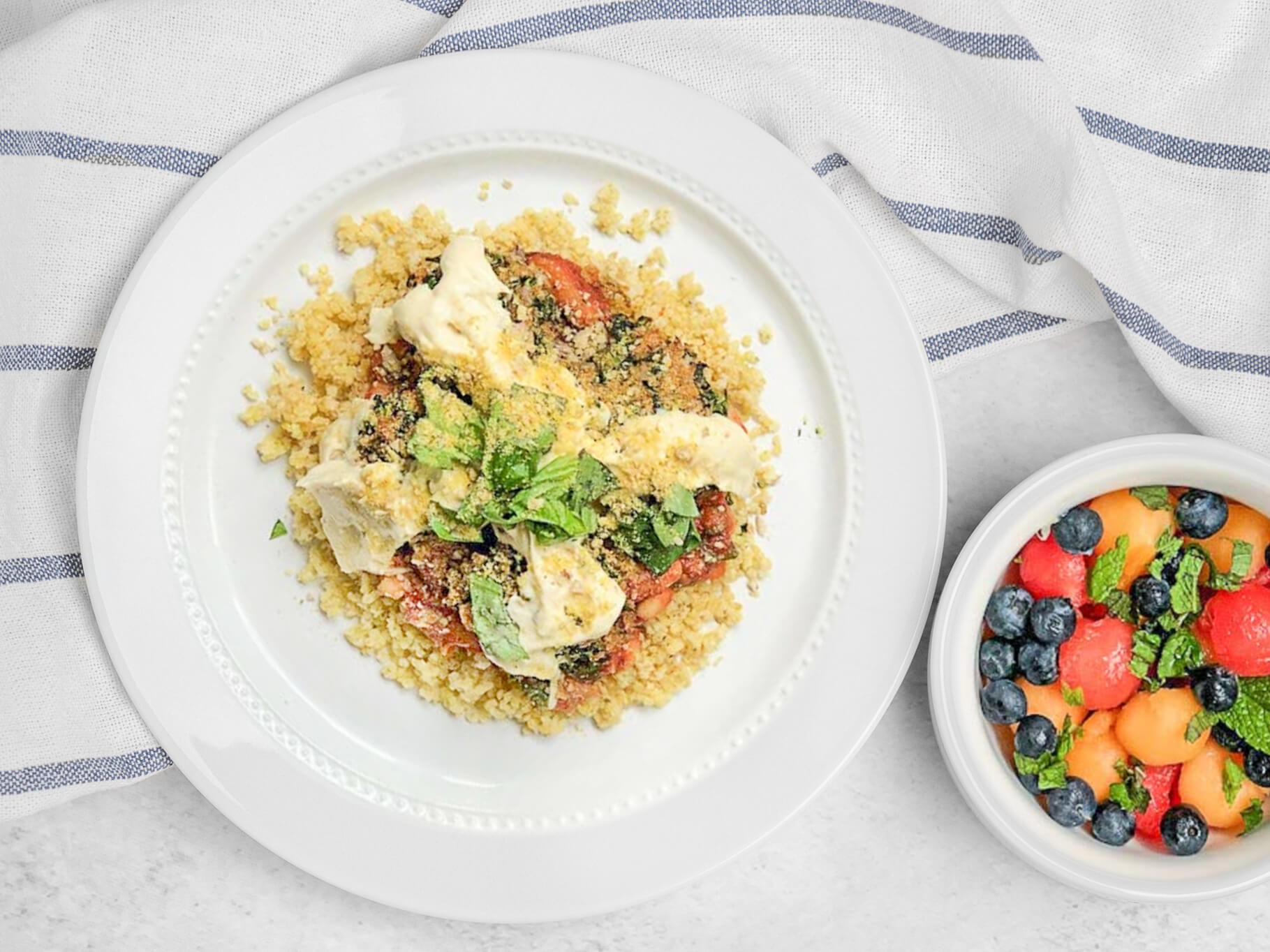 Popeye's Balls with Puttanesca-style Sauce and Have-a-Ball Fruit Salad