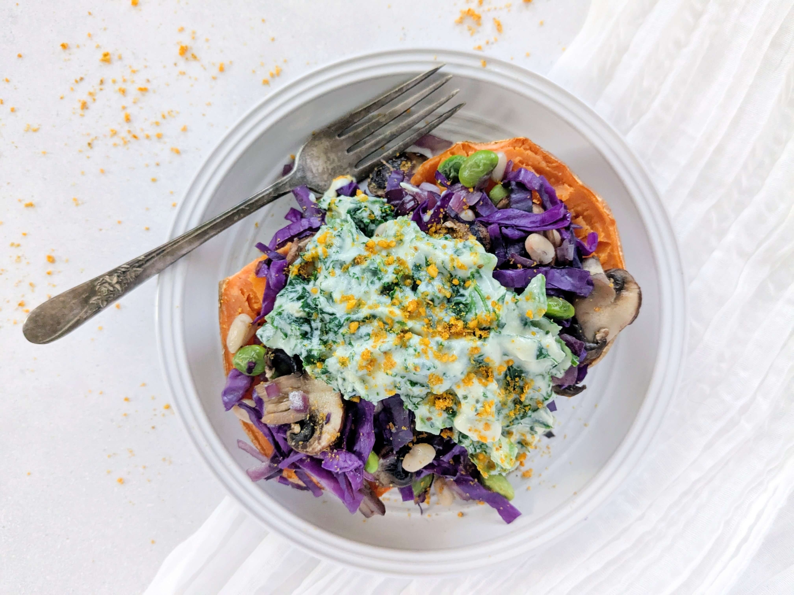 Creamed Kale & Veggie Loaded Sweet Potato