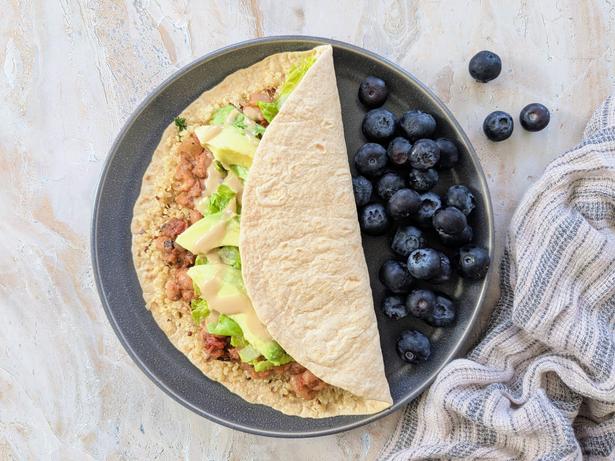Cheesy Pinto Bean Burrito and Blueberries