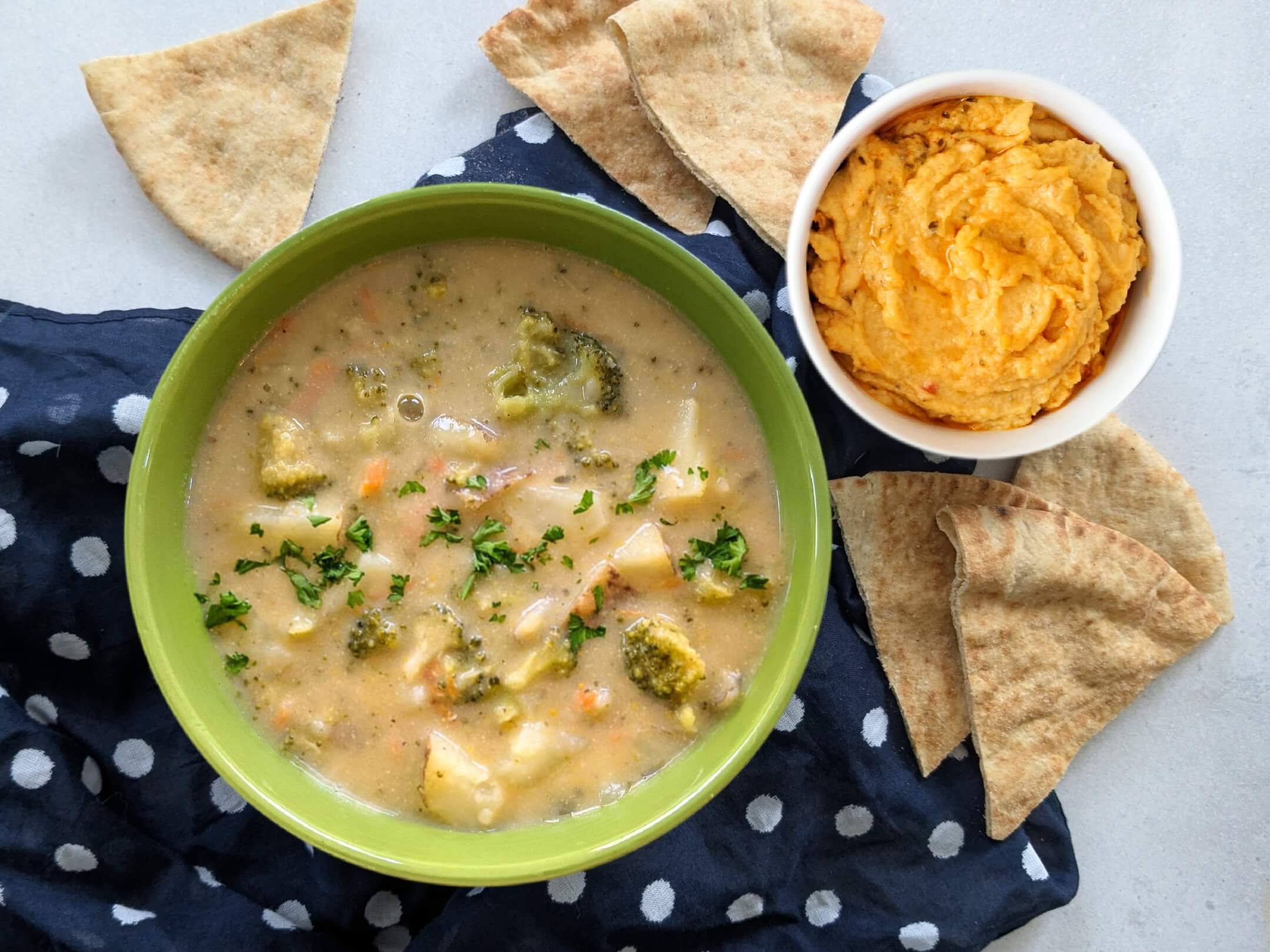 plant based Creamy Garden Veggie Soup and Roasted Red Pepper & Basil Hummus with Pita Dippers 
