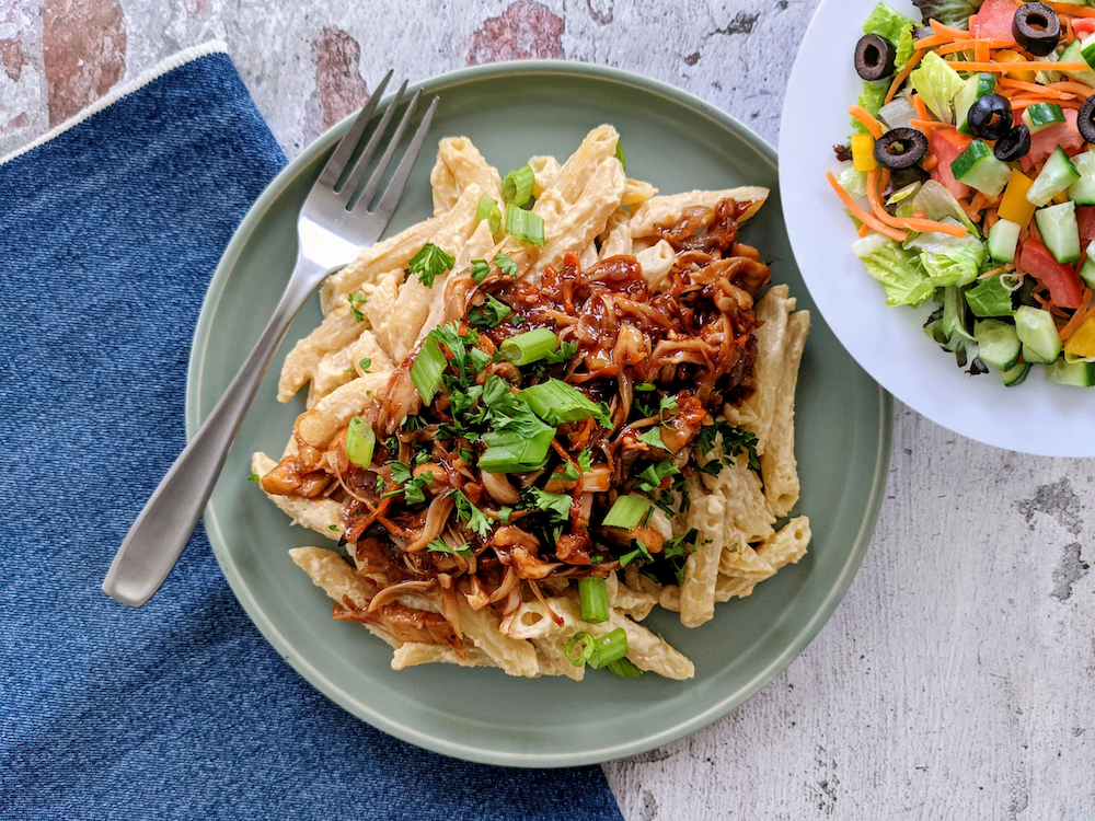 plant based BBQ smacka-a-roni & cheese and colorful chopped salad with balsamic vinaigrette 