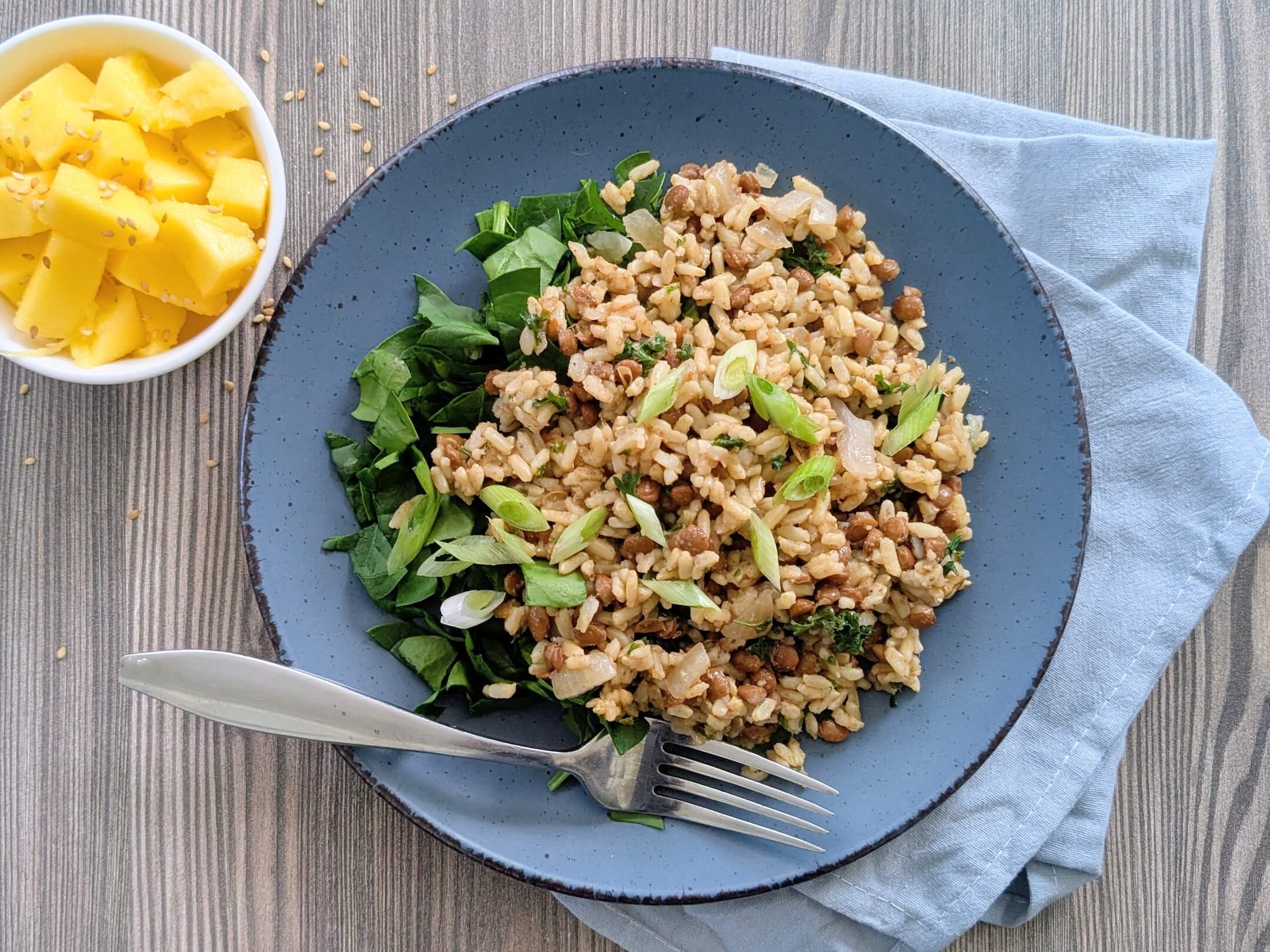 Arroz com Lentilha (Rice with Lentils) and Mango Cubes