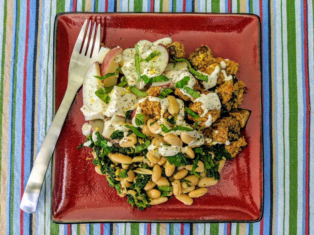 Herbed Red Potatoes with Lemon Pepper White Beans and Crispy Eggplant Bites 