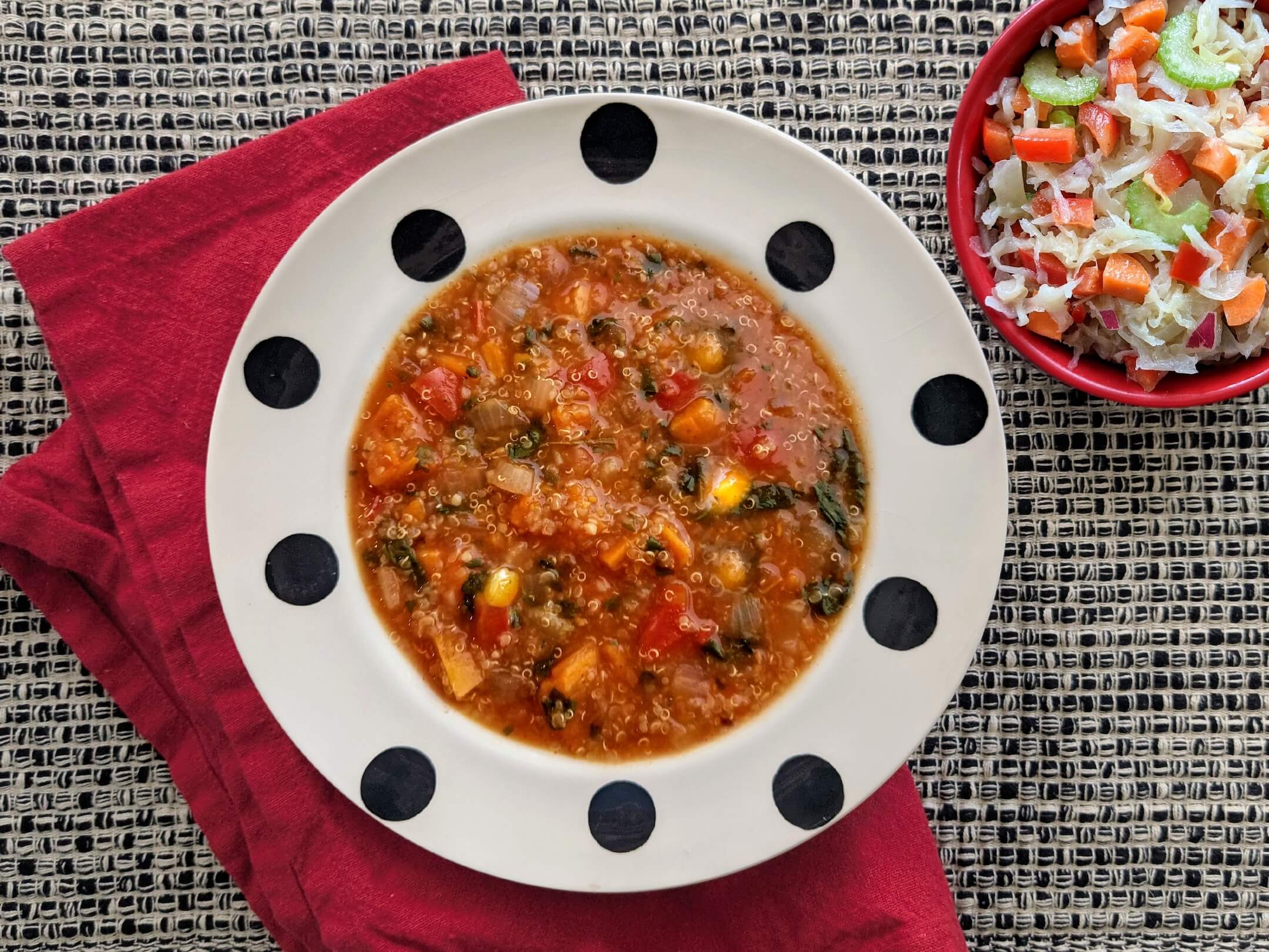 Smoky Quinoa Sweet Potato Stew and Marinated Sauerkraut Salad