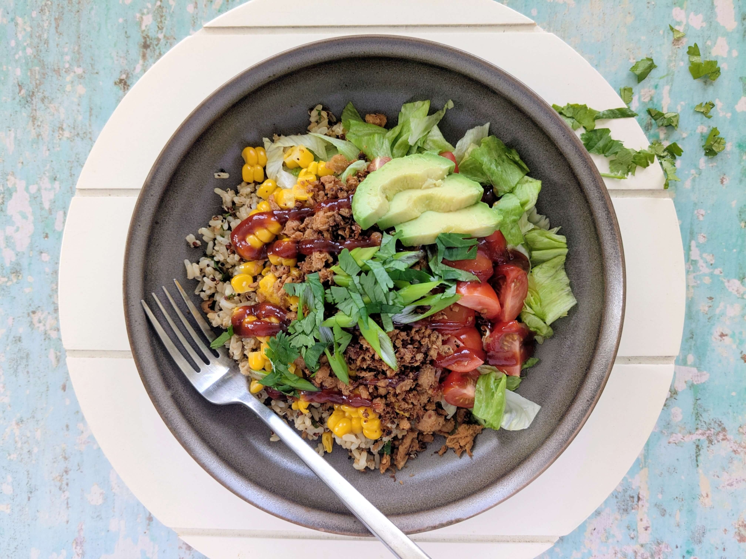 plant based beefy barbecue rice bowl