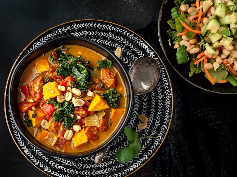 West African-inspired Peanut Stew and Simple Chopped Salad with Maple Tahini Dressing