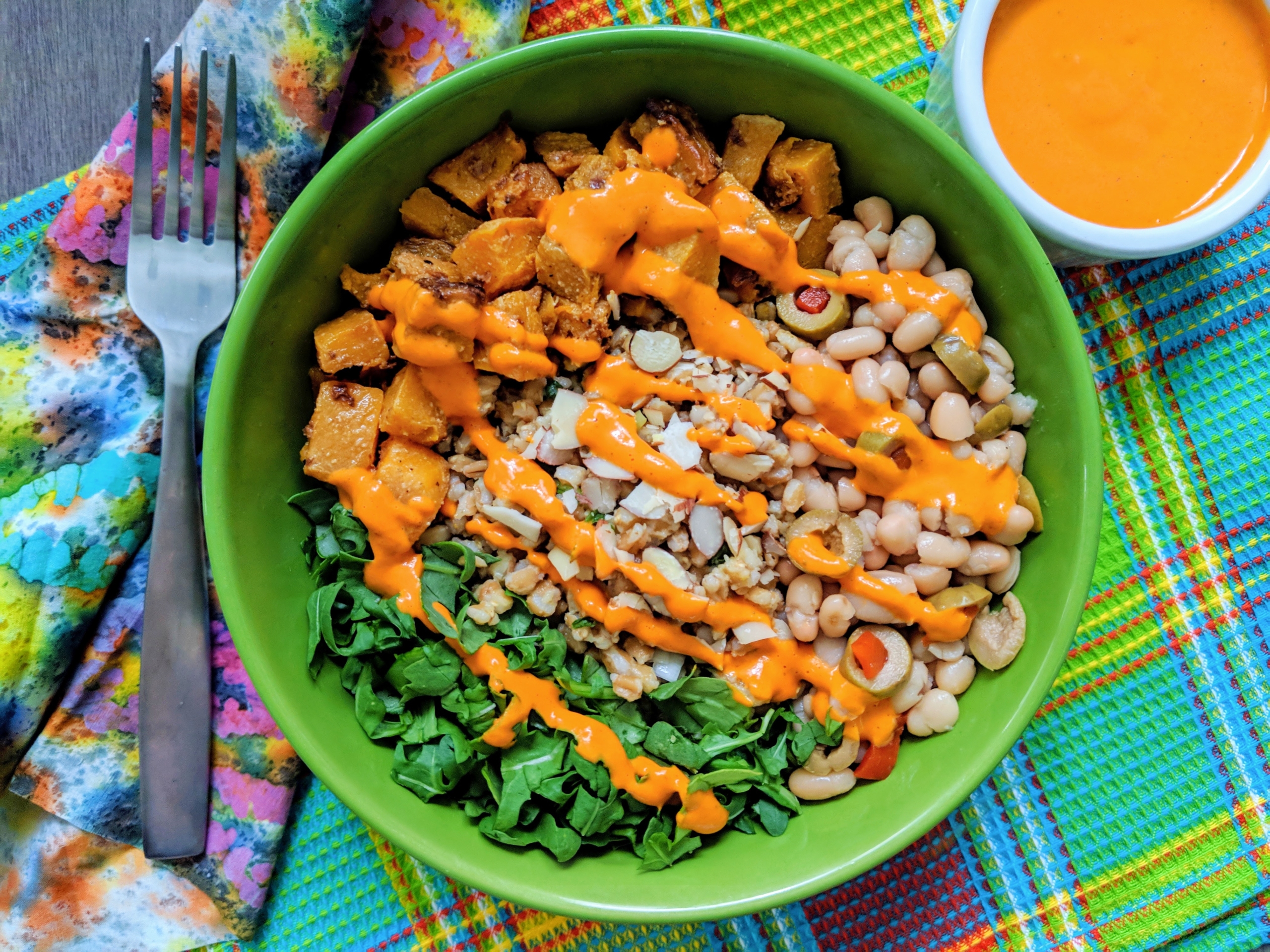 Farro Pilaf with Roasted Butternut Squash and Spicy Roasted Red Pepper Sauce
