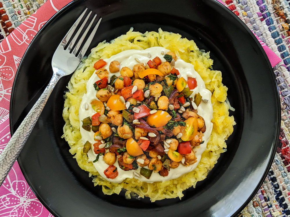 Cheesy Spaghetti Squash with Cajun-spiced Chickpea Medley 