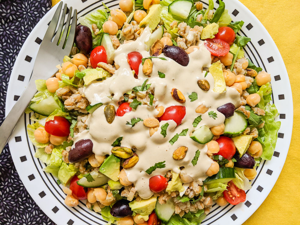 Fast & Fabulous Farro Chickpea Salad with Caesar Dressing 