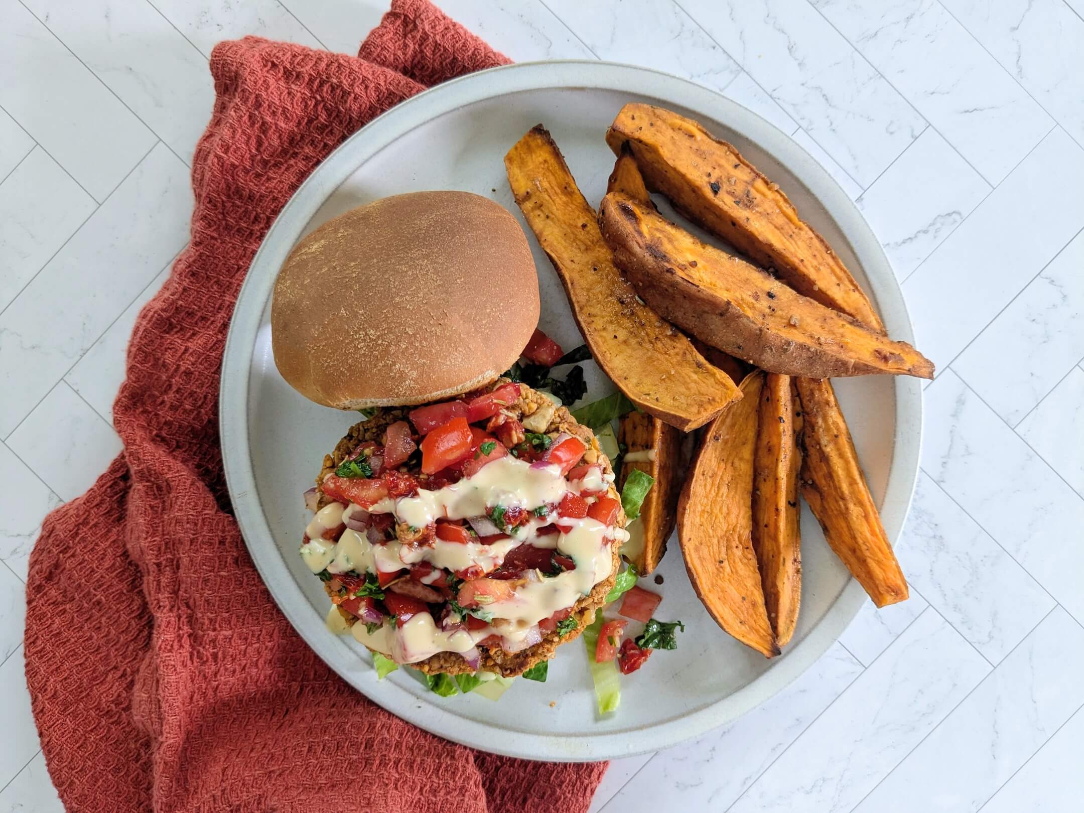 Italian Chickpea Bruschetta Burger and Sweet Potato Fries