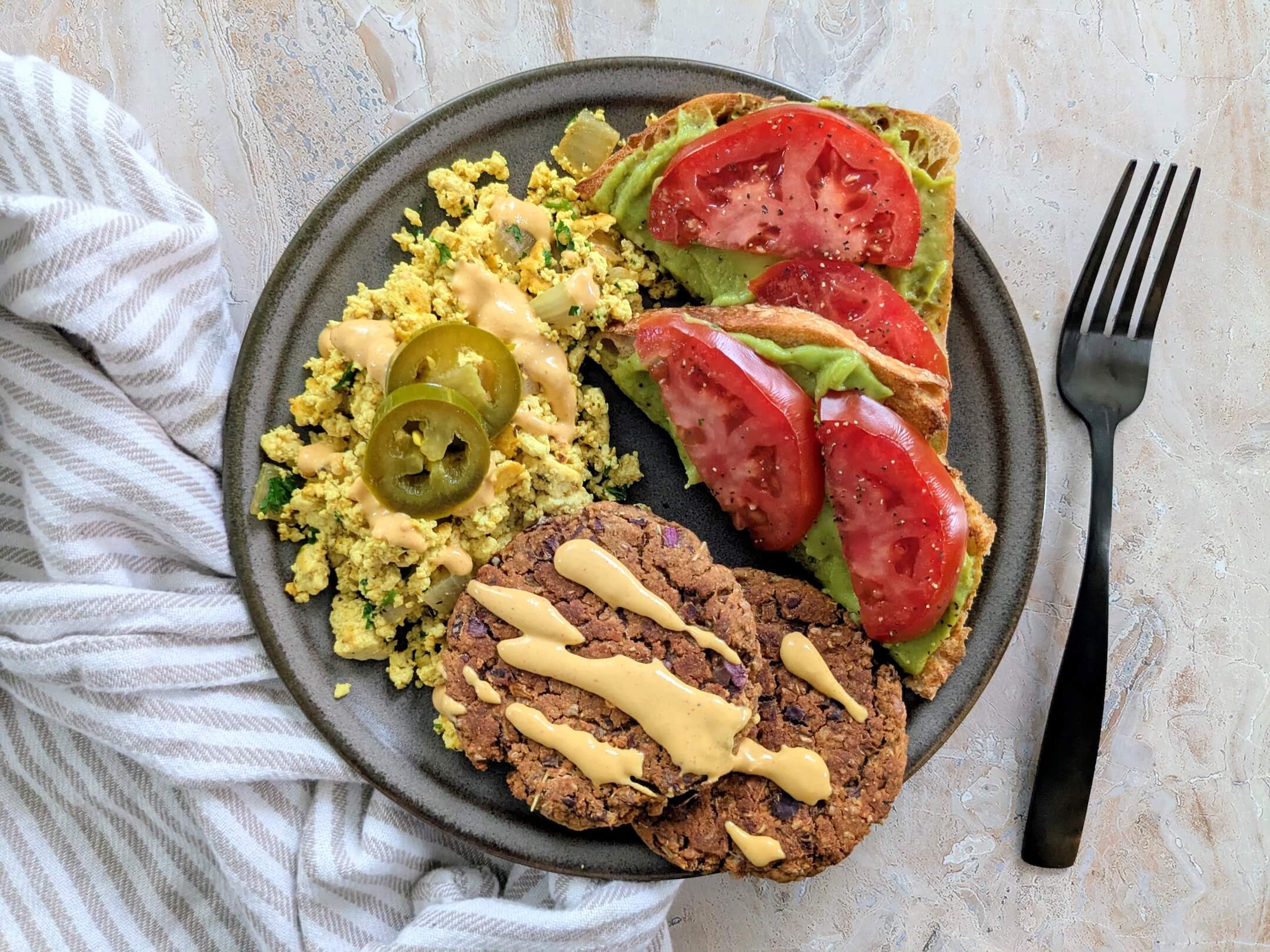 Plant-powered Sausage, Scrambled Tofu and Avo Toast 