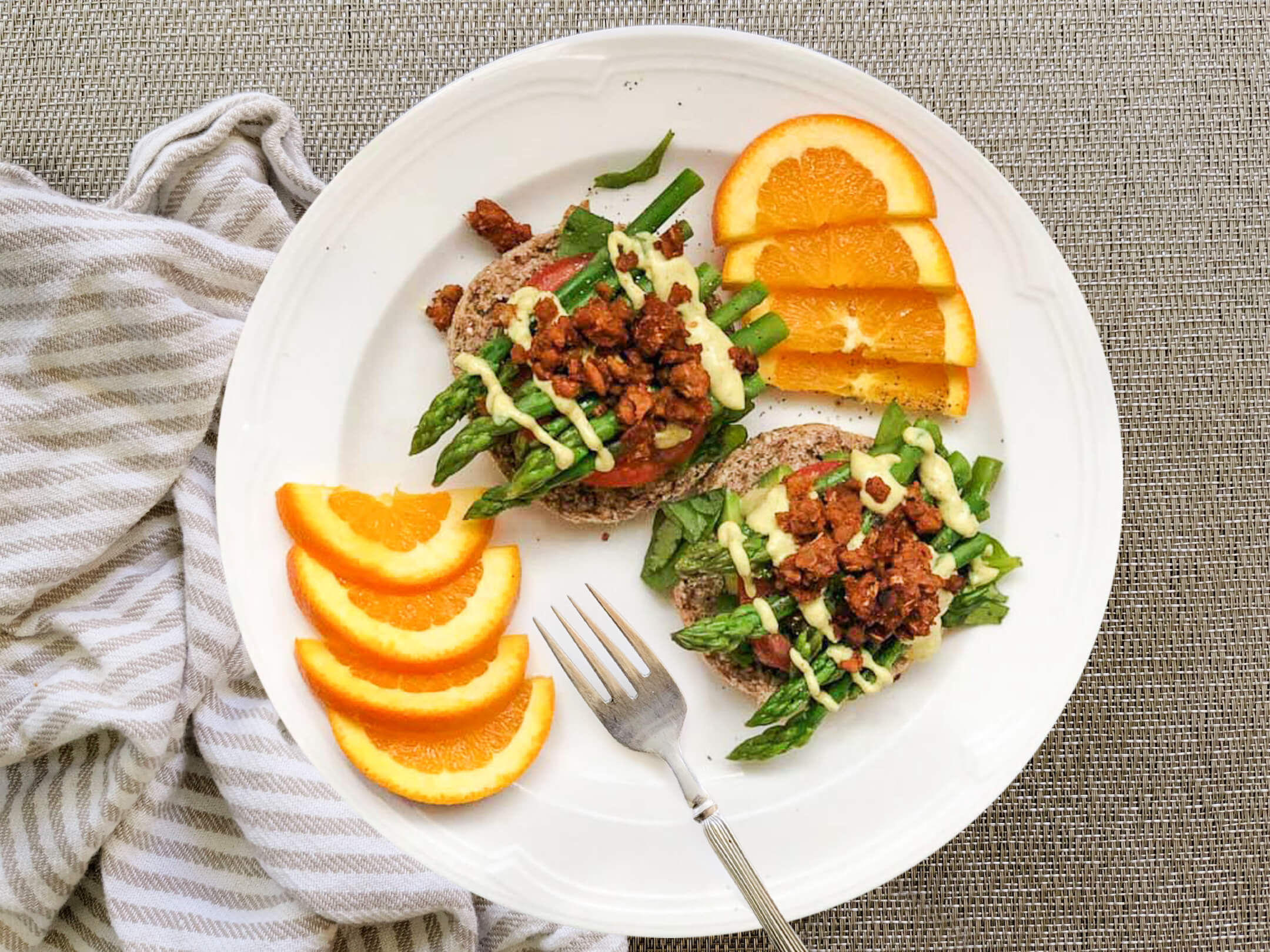 Smoky Tempeh & Asparagus Benedict with Hollandaise and Oranges