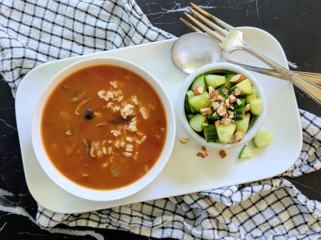 Quick and easy tom yum soup and cucumber almond salad