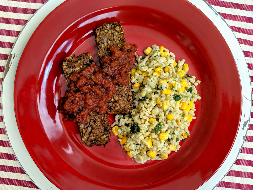 Grain & Bean Goetta with Cajun Tomato Sauce and Herby Rice & Corn Medley