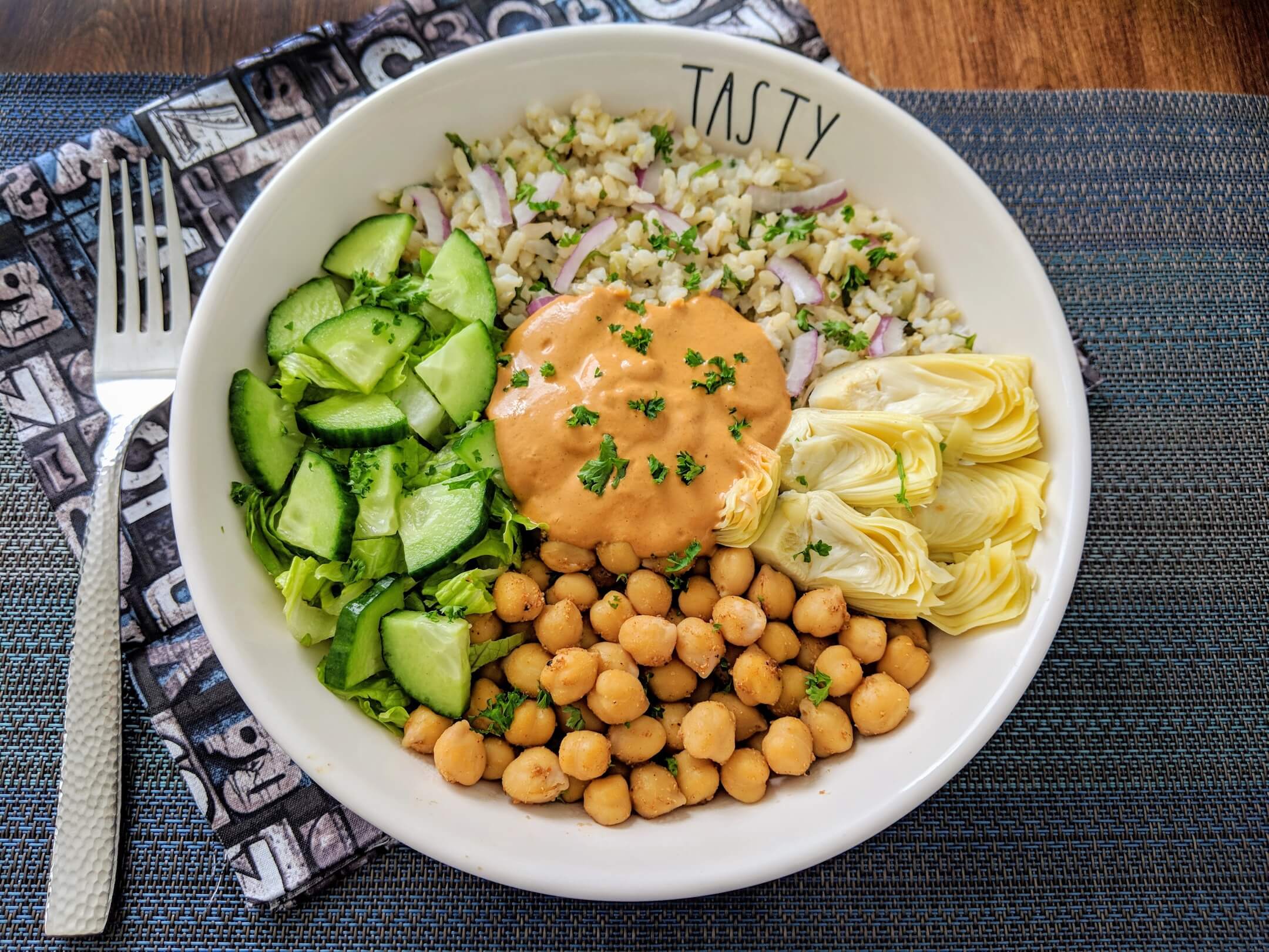  Shawarma Chickpea Bowl with Roasted Red Pepper & Walnut Sauce 