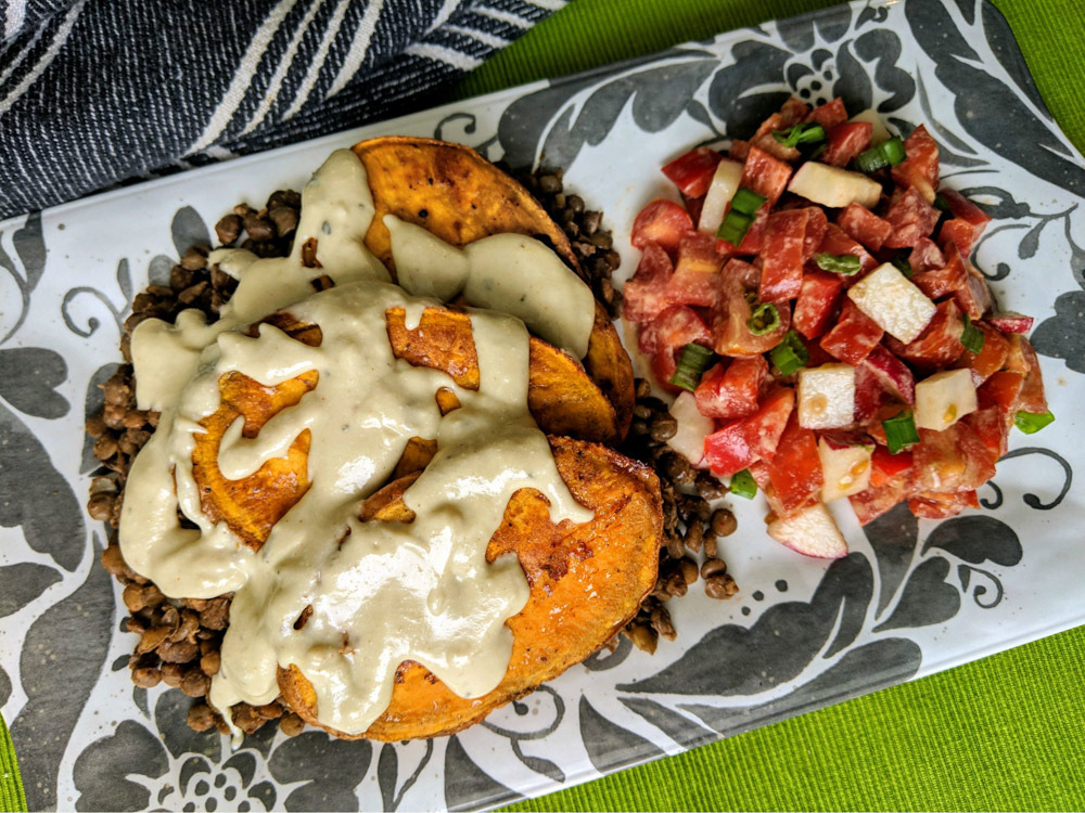 Cheesy Sweet Potato Steaks over Spiced Lentils and Chopped Red Salad 