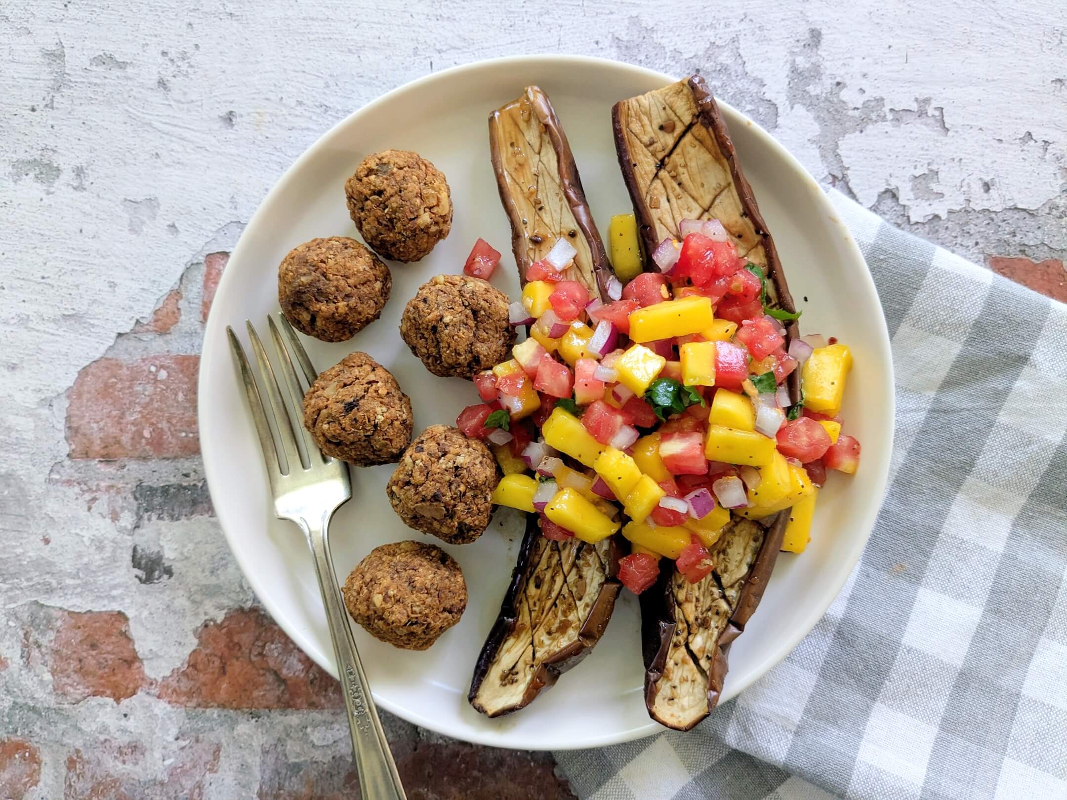 Whole-Food Plant-Based Roasted Eggplant Salad and Meatballs