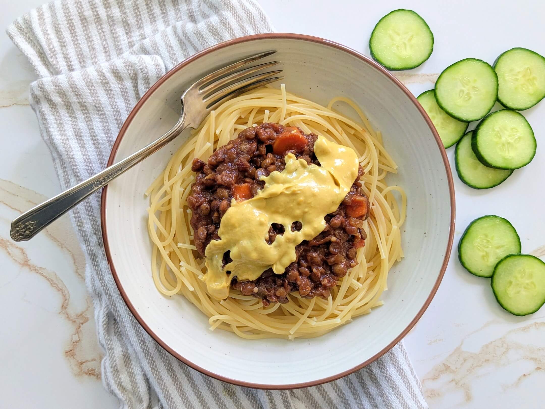 Whole-Food Plant-Based Sweet-style Spaghetti and Cucumber Chips