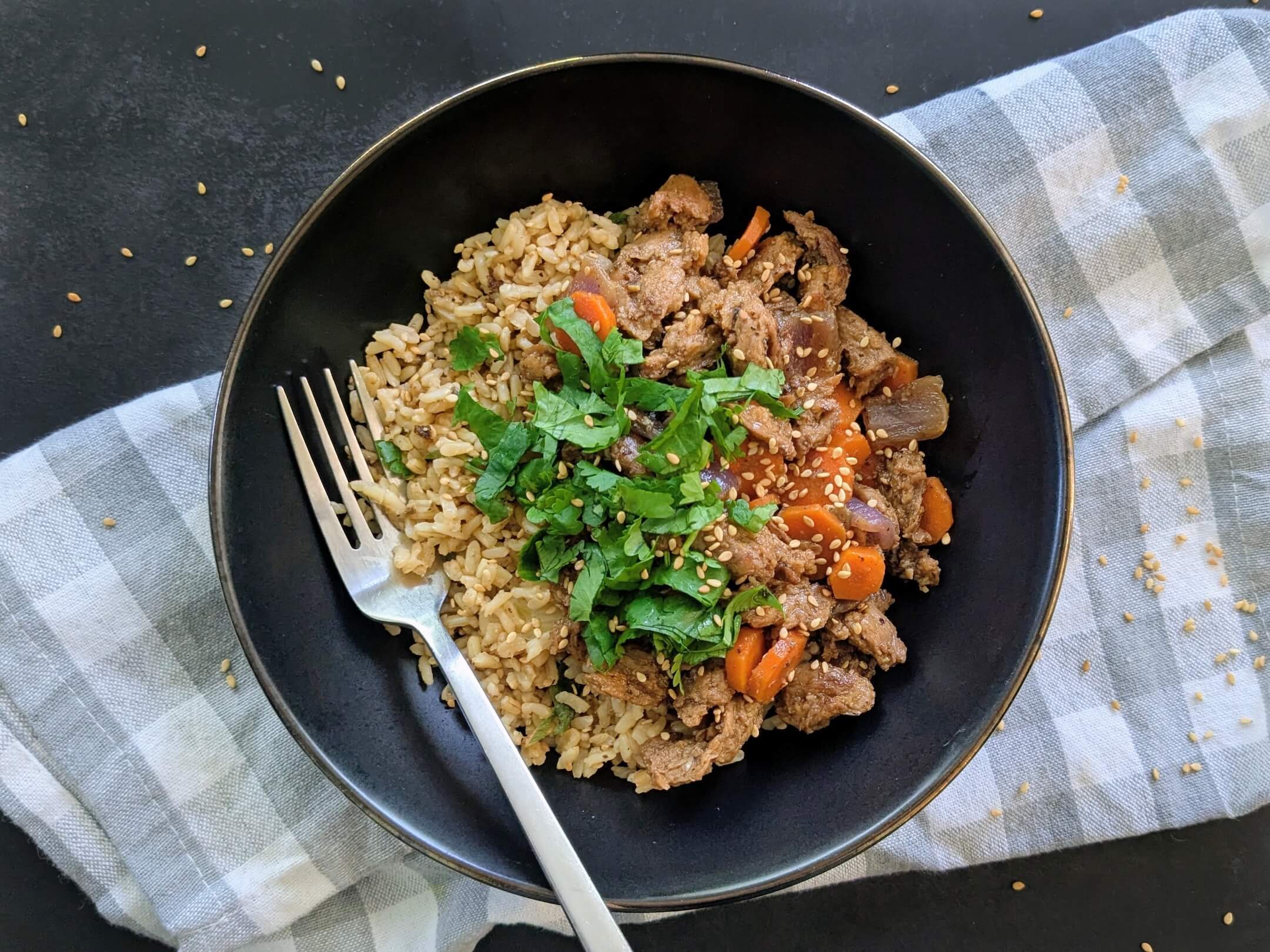 Whole-Food Plant-Based Soy Curl Adobo and Garlic Fried Rice