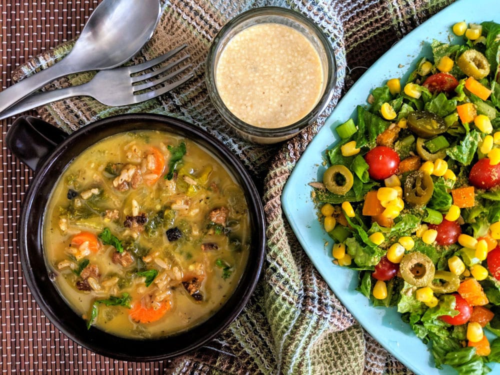 Homestyle Toficken & Rice Soup and Tangy Corn Salad