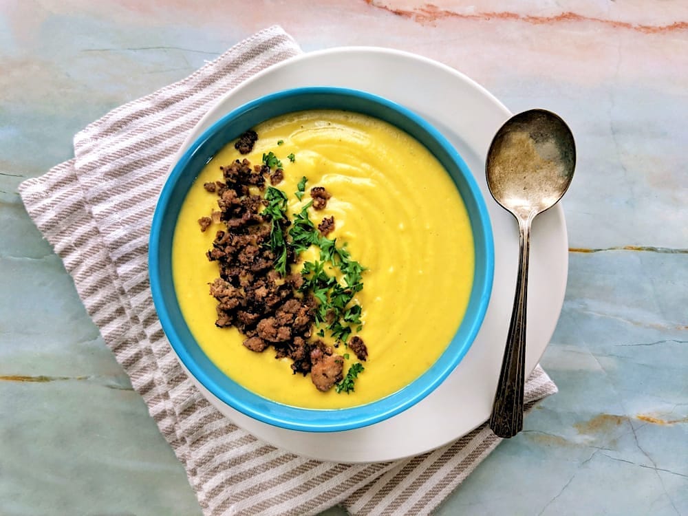 Creamy Butternut Bisque with Tofu Sausage Crumbles