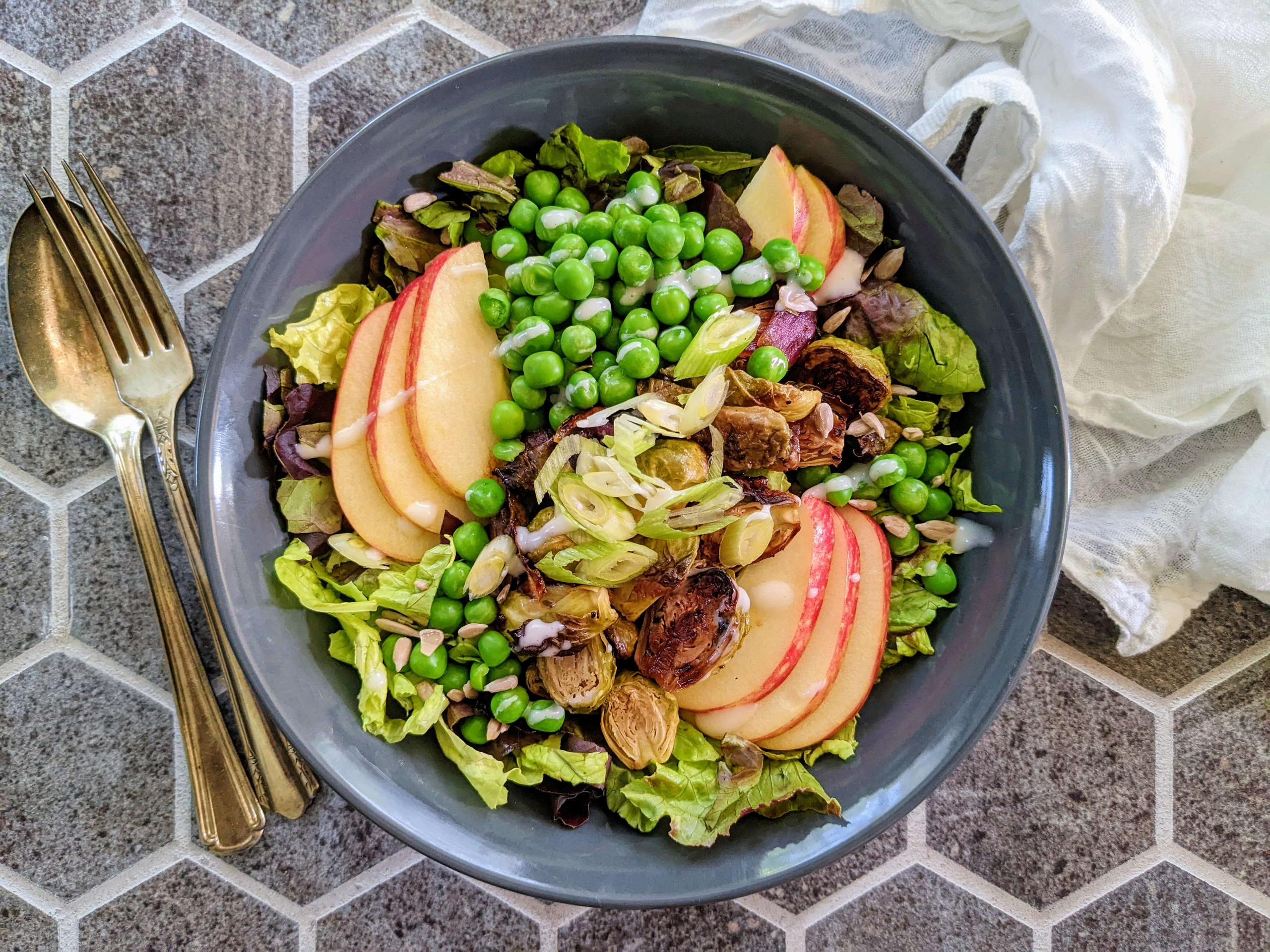 Simple Roasted Brussels & Apple Salad with Sweet Onion Dressing 